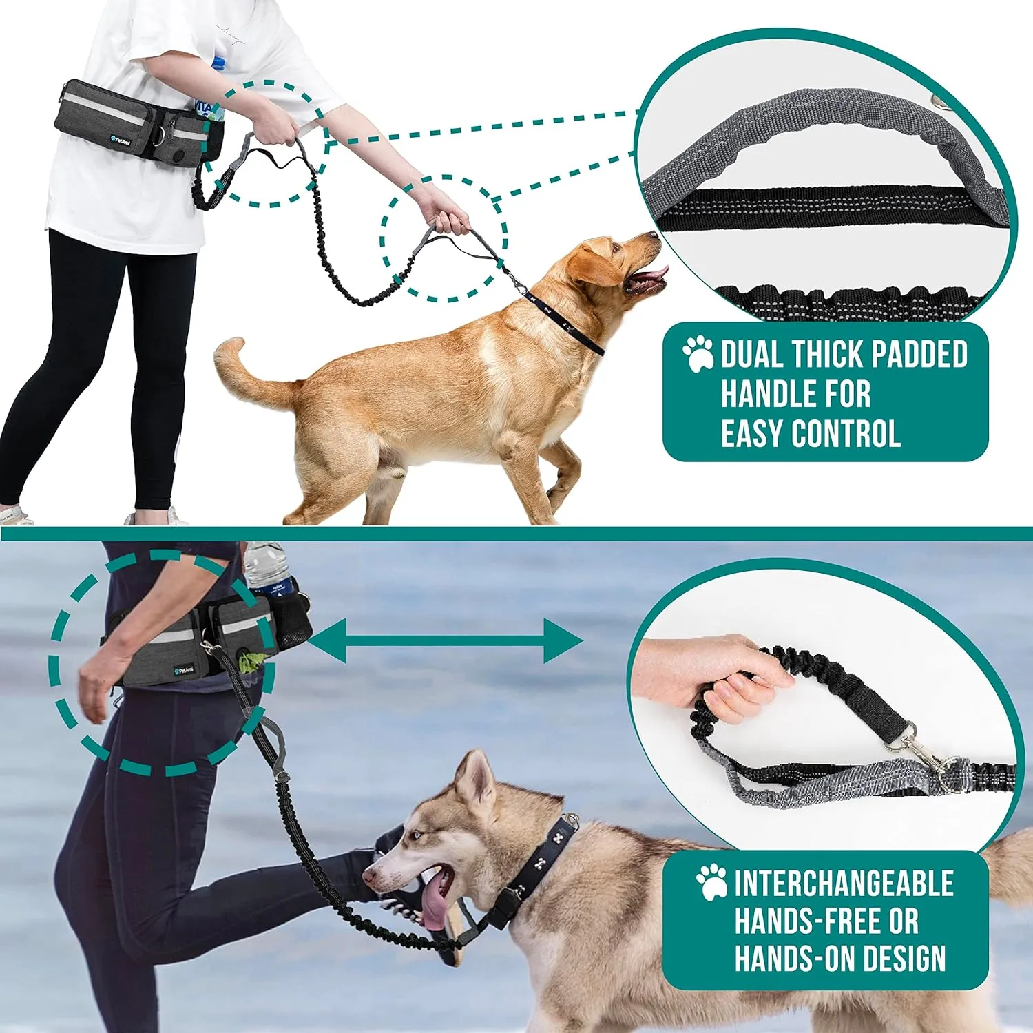PetAmi Hands Free Dog Leash, Dog Running Leash Belt Bag for Walking, Jogging, Dog Waist Double Zipper Pouch with Poop Bag Dispenser, Dual Padded Handles Reflective Bungee Leash, Single (Charcoal Grey)