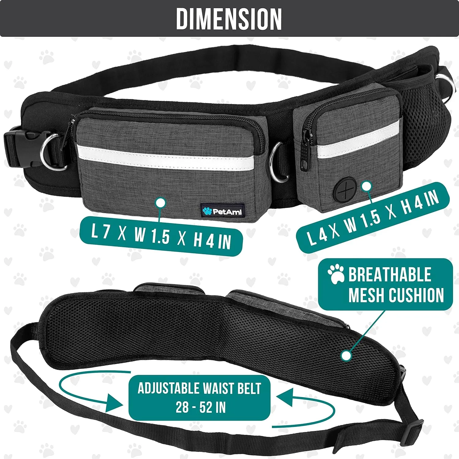 PetAmi Hands Free Dog Leash, Dog Running Leash Belt Bag for Walking, Jogging, Dog Waist Double Zipper Pouch with Poop Bag Dispenser, Dual Padded Handles Reflective Bungee Leash, Single (Charcoal Grey)