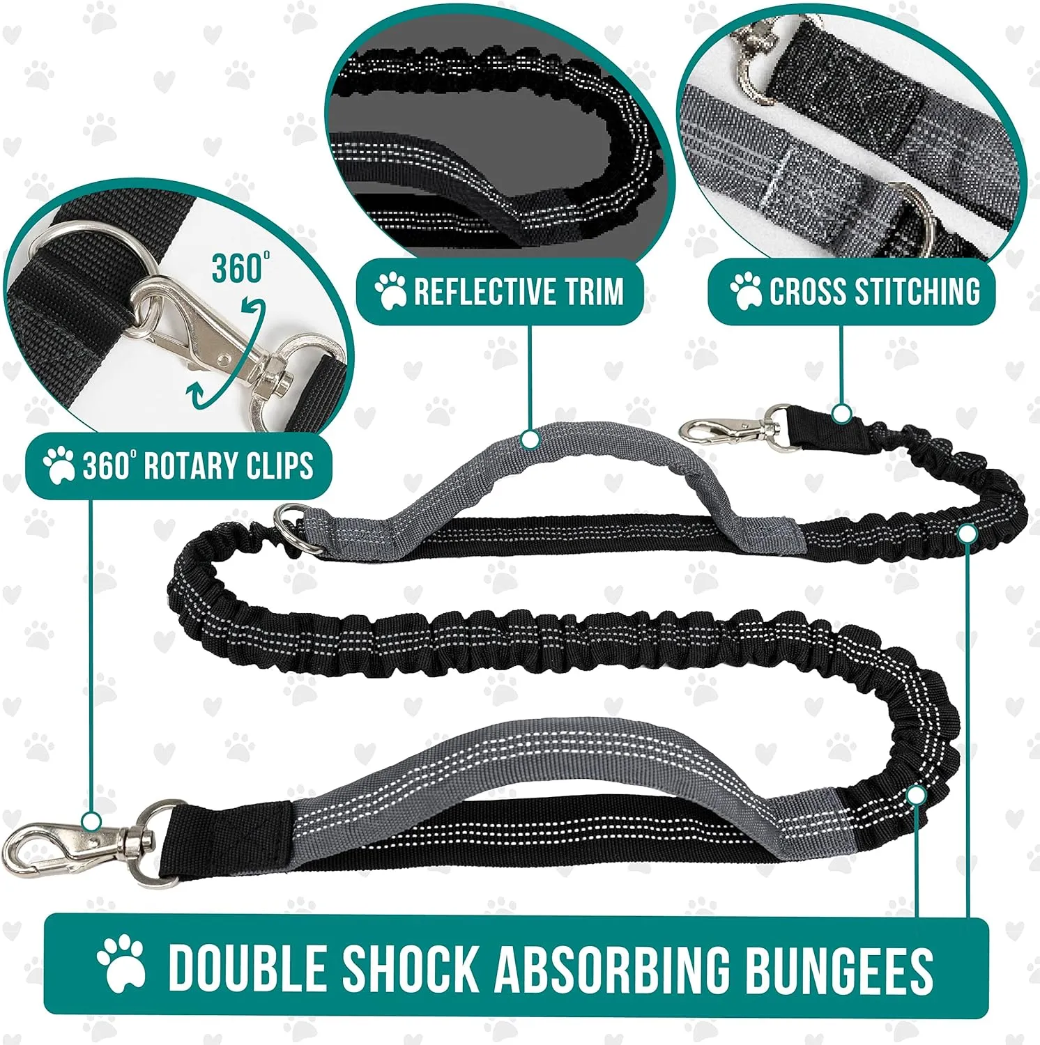 PetAmi Hands Free Dog Leash, Dog Running Leash Belt Bag for Walking, Jogging, Dog Waist Double Zipper Pouch with Poop Bag Dispenser, Dual Padded Handles Reflective Bungee Leash, Single (Charcoal Grey)