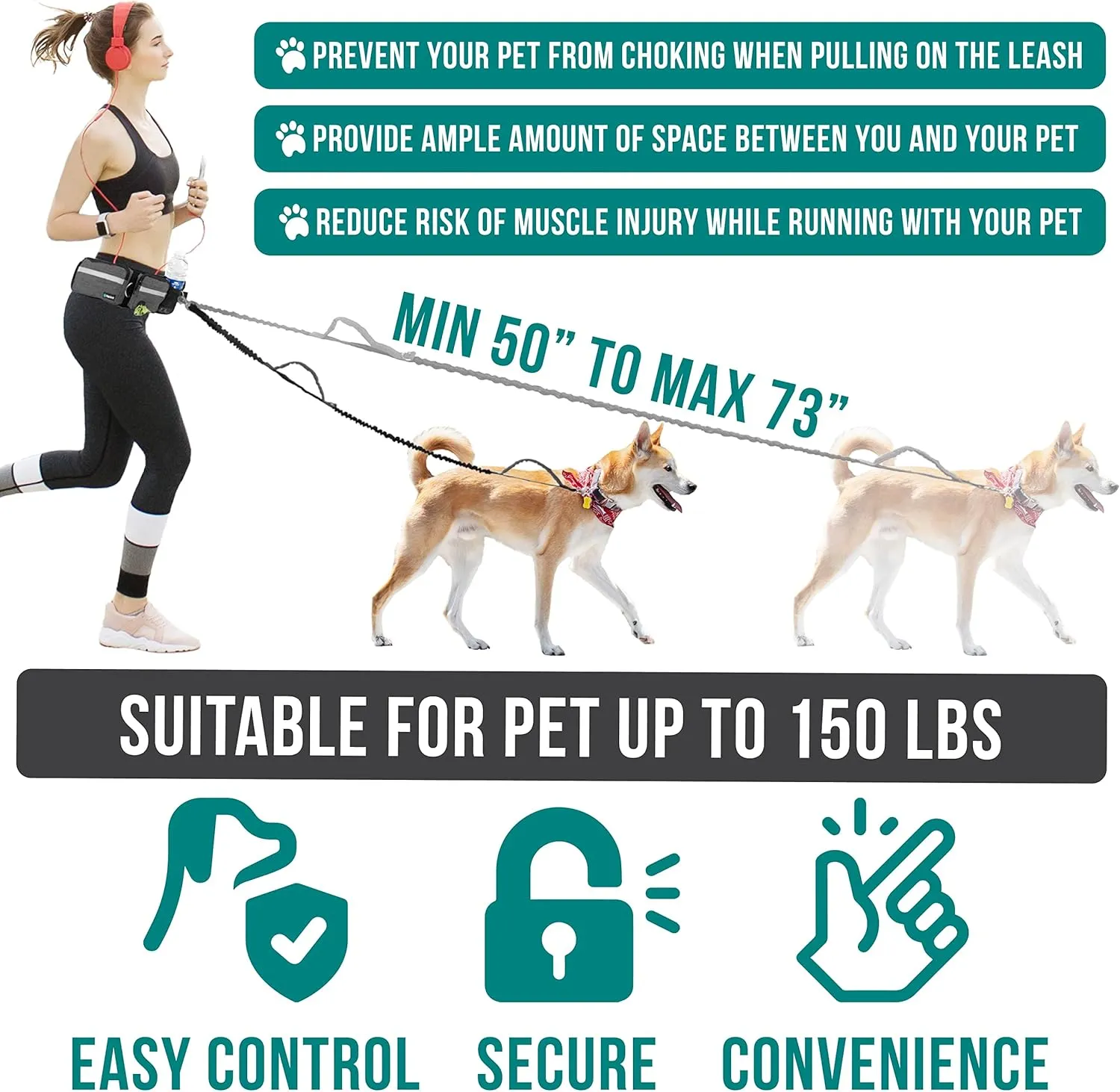 PetAmi Hands Free Dog Leash, Dog Running Leash Belt Bag for Walking, Jogging, Dog Waist Double Zipper Pouch with Poop Bag Dispenser, Dual Padded Handles Reflective Bungee Leash, Single (Charcoal Grey)
