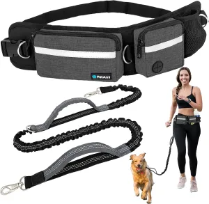 PetAmi Hands Free Dog Leash, Dog Running Leash Belt Bag for Walking, Jogging, Dog Waist Double Zipper Pouch with Poop Bag Dispenser, Dual Padded Handles Reflective Bungee Leash, Single (Charcoal Grey)