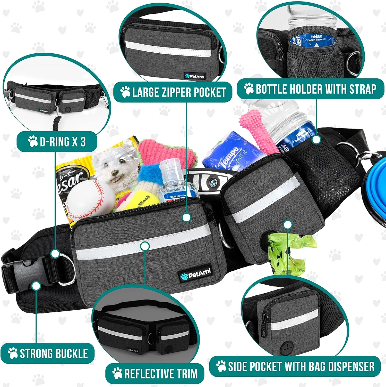 PetAmi Hands Free Dog Leash, Dog Running Leash Belt Bag for Walking, Jogging, Dog Waist Double Zipper Pouch with Poop Bag Dispenser, Dual Padded Handles Reflective Bungee Leash, Single (Charcoal Grey)