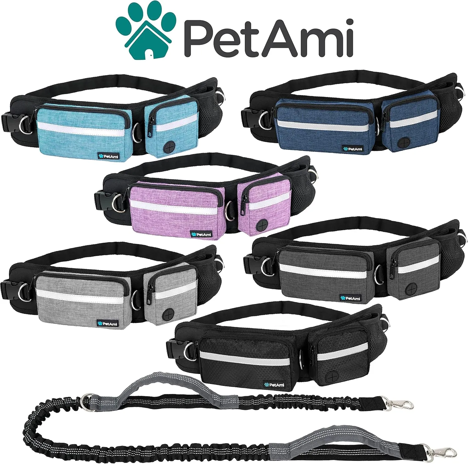 PetAmi Hands Free Dog Leash, Dog Running Leash Belt Bag for Walking, Jogging, Dog Waist Double Zipper Pouch with Poop Bag Dispenser, Dual Padded Handles Reflective Bungee Leash, Single (Charcoal Grey)