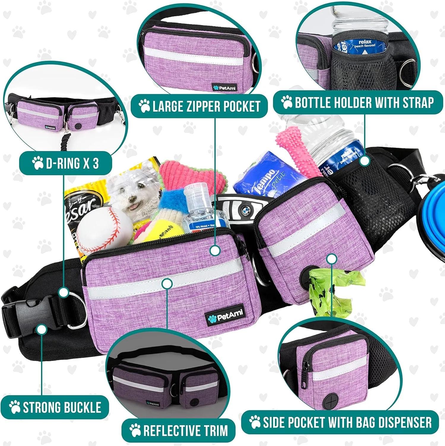 PetAmi Hands Free Dog Leash, Running Leash Belt Bag for Walking, Jogging, Waist Double Zipper Pouch with Poop Dispenser, Dual Padded Handles Reflective Bungee Single, Purple, 1 Leash