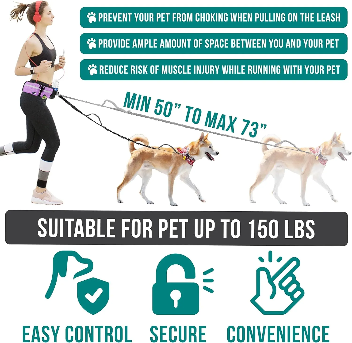 PetAmi Hands Free Dog Leash, Running Leash Belt Bag for Walking, Jogging, Waist Double Zipper Pouch with Poop Dispenser, Dual Padded Handles Reflective Bungee Single, Purple, 1 Leash