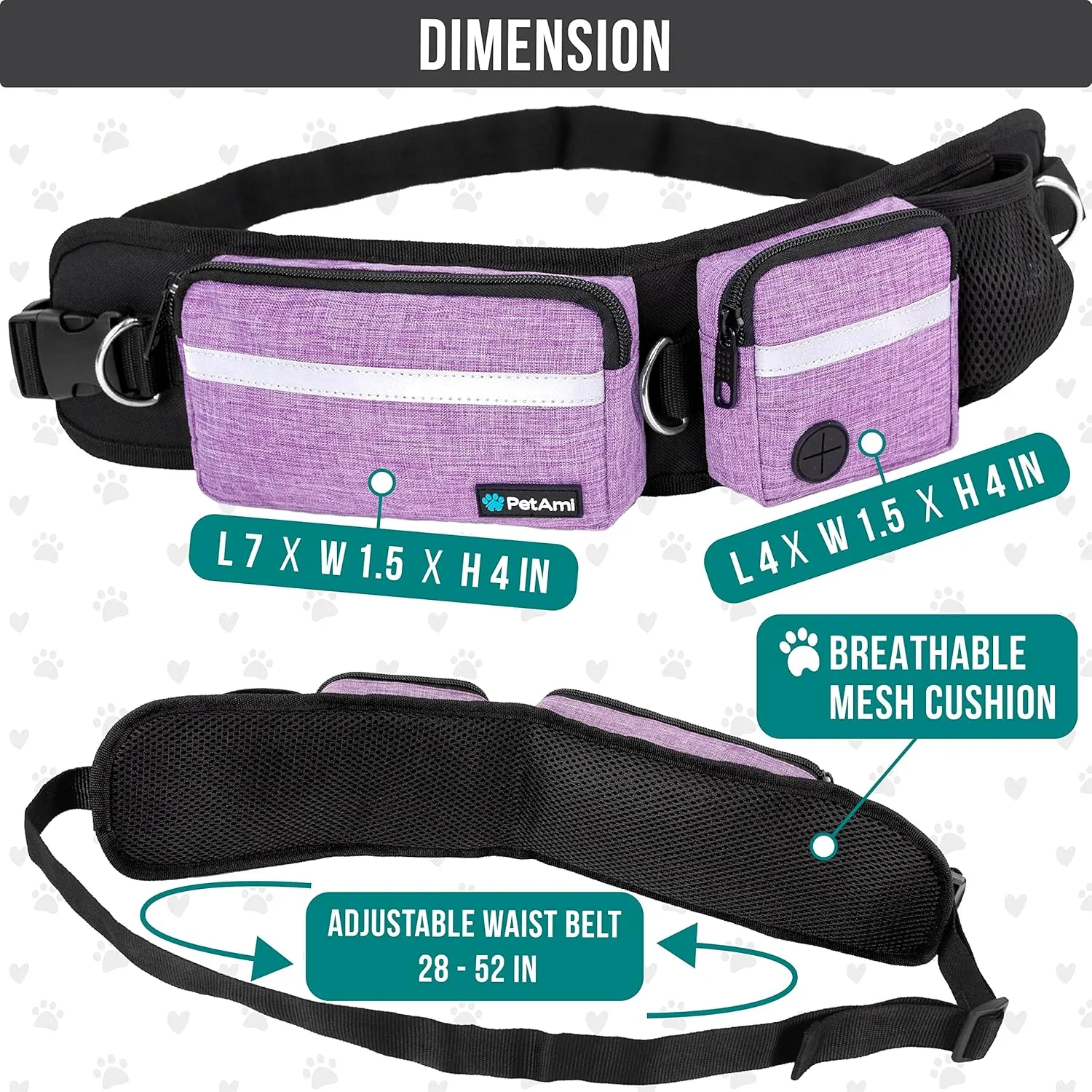 PetAmi Hands Free Dog Leash, Running Leash Belt Bag for Walking, Jogging, Waist Double Zipper Pouch with Poop Dispenser, Dual Padded Handles Reflective Bungee Single, Purple, 1 Leash
