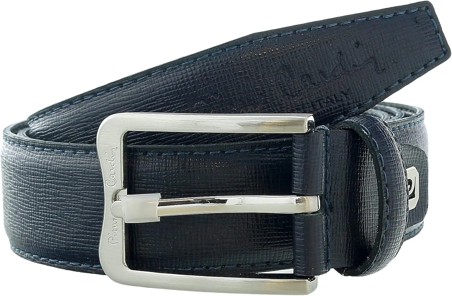 Pierre Cardin Navy Blue Textured Classic Silver D-Ring Adjustable Belt Adjustable Mens Belt-28 for Mens