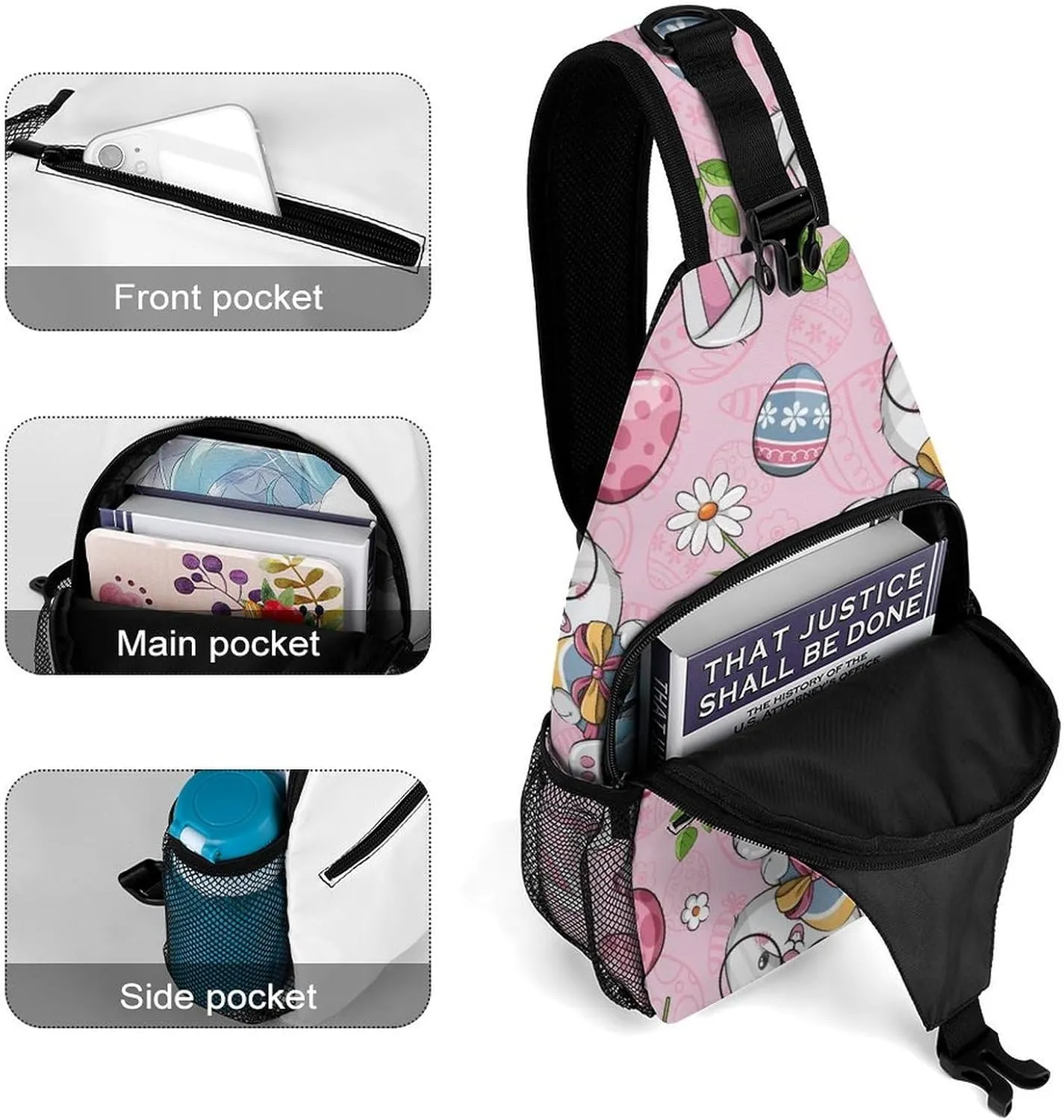Pink Happy Easter Sling Backpack, Crossbody Shoulder Bag, Chest Bags for Outdoor Travel Fitness, 38x20cm, Style-4