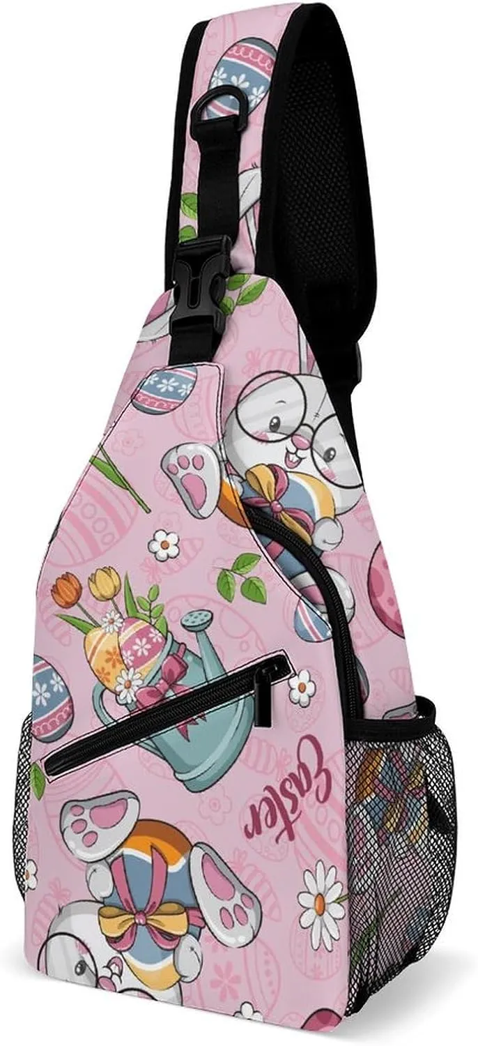 Pink Happy Easter Sling Backpack, Crossbody Shoulder Bag, Chest Bags for Outdoor Travel Fitness, 38x20cm, Style-4