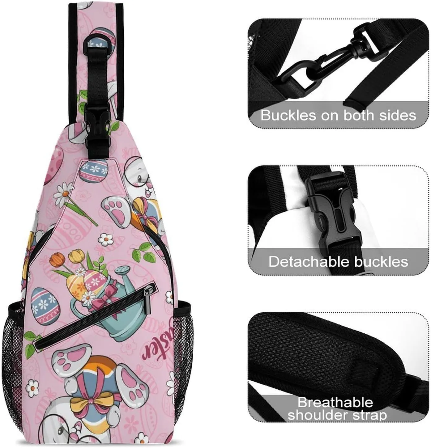 Pink Happy Easter Sling Backpack, Crossbody Shoulder Bag, Chest Bags for Outdoor Travel Fitness, 38x20cm, Style-4