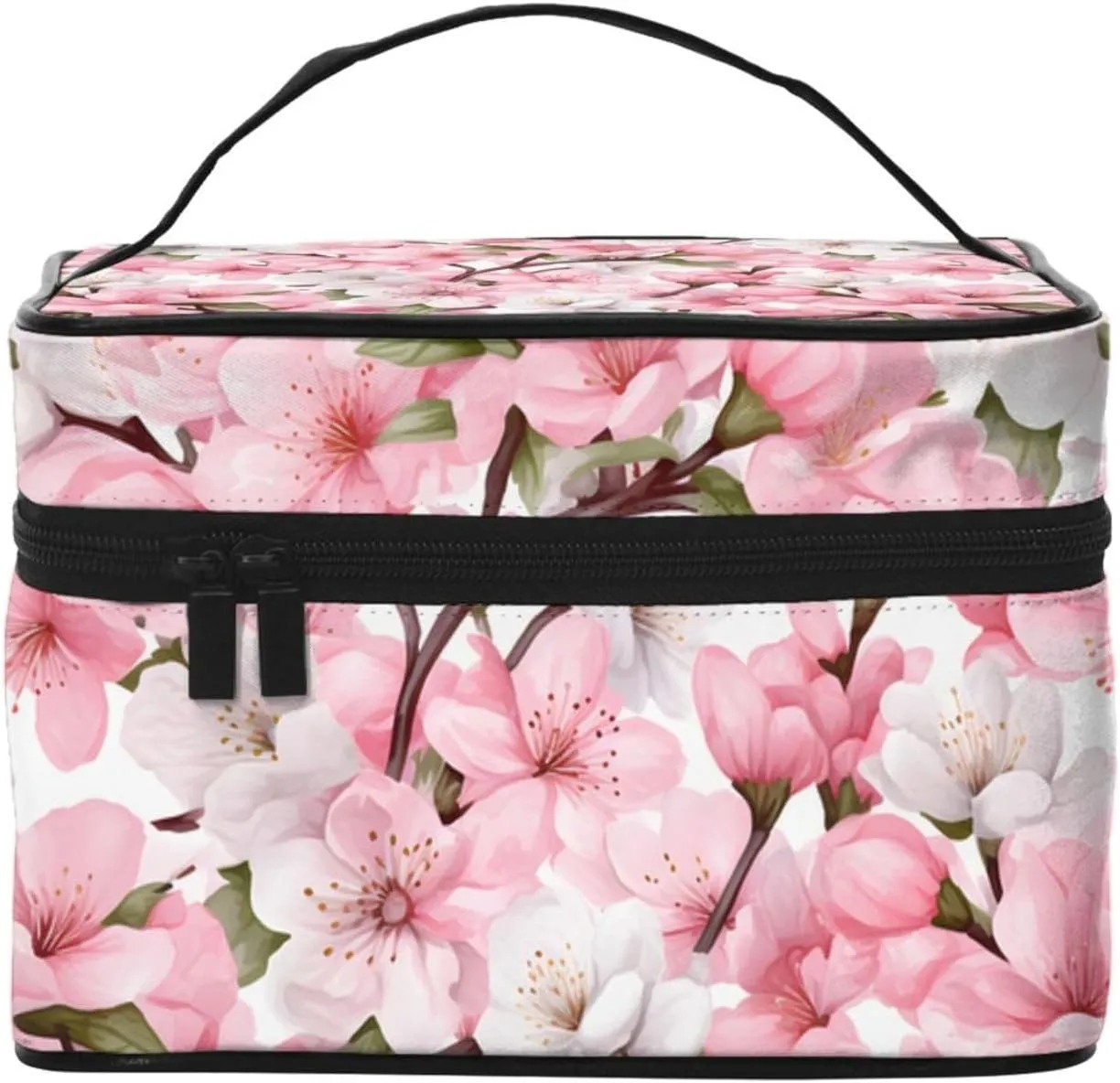 Pink White Flower Makeup Bag for Women Travel Cosmetic Bag Large Makeup Case Portable Toiletry Skincare Organizer Bag