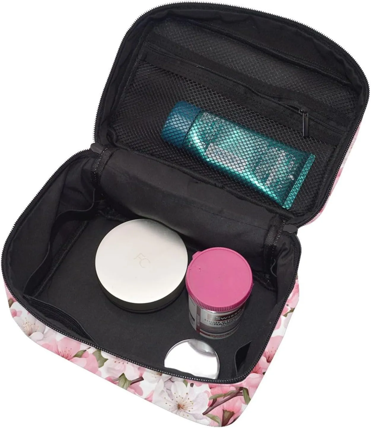 Pink White Flower Makeup Bag for Women Travel Cosmetic Bag Large Makeup Case Portable Toiletry Skincare Organizer Bag