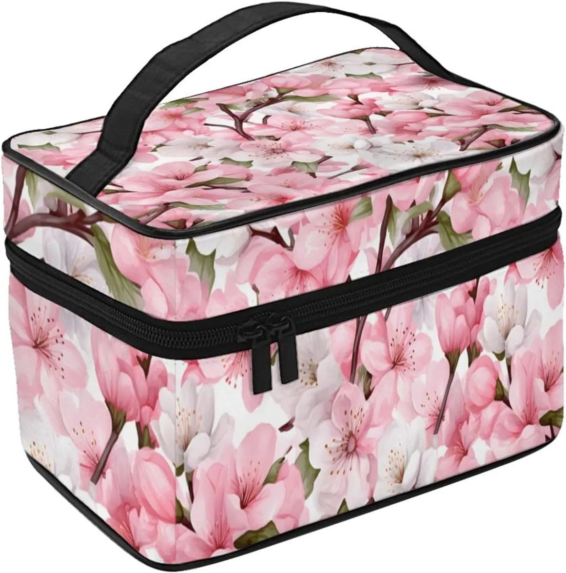 Pink White Flower Makeup Bag for Women Travel Cosmetic Bag Large Makeup Case Portable Toiletry Skincare Organizer Bag