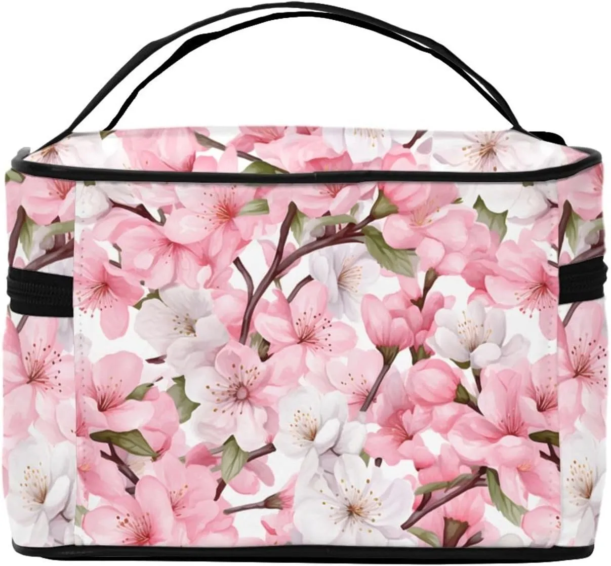Pink White Flower Makeup Bag for Women Travel Cosmetic Bag Large Makeup Case Portable Toiletry Skincare Organizer Bag