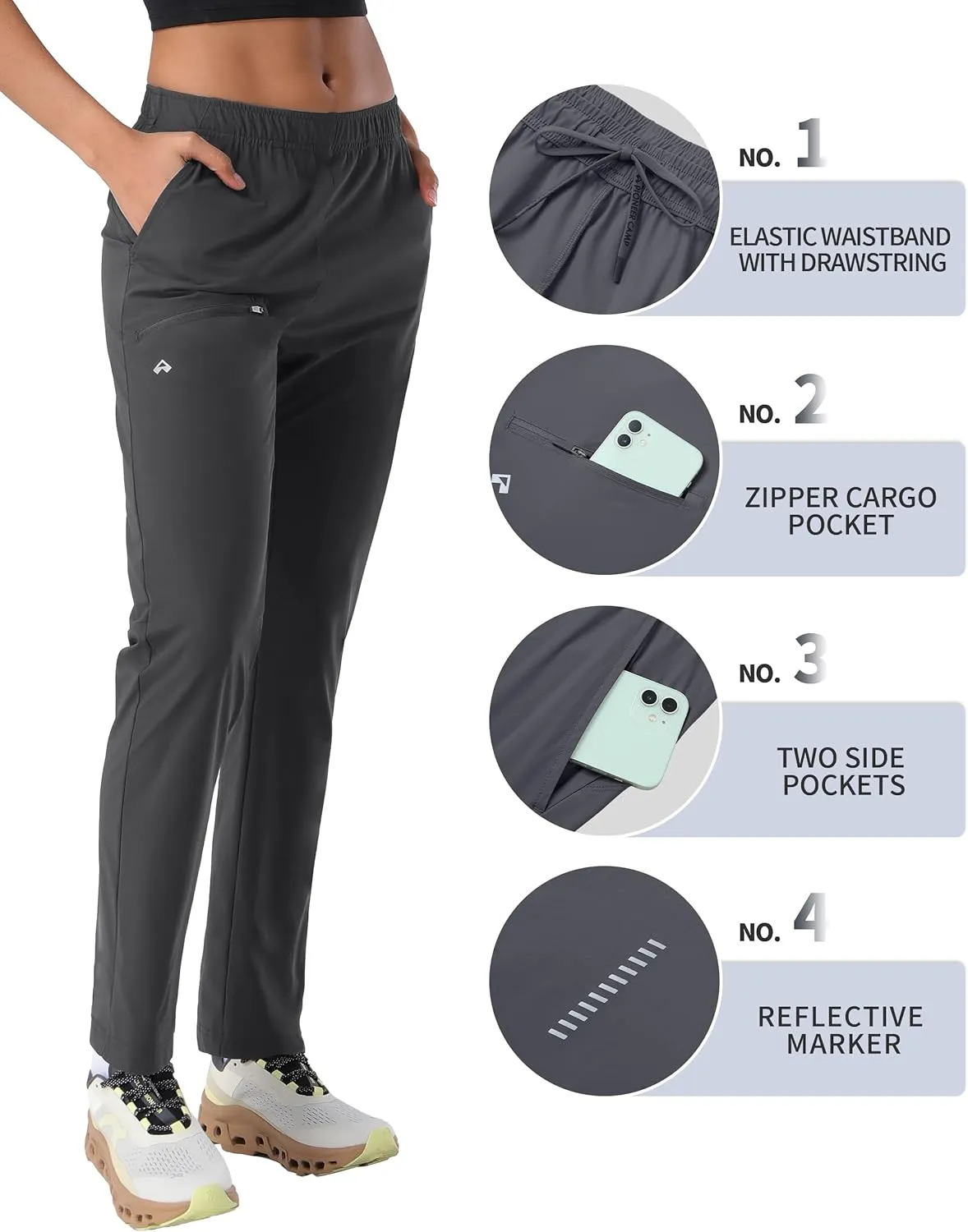 Pioneer Camp Women's Hiking Pants UPF 50  Elastic Waist Drawstring Ultra-Stretch Lightweight Outdoor Cargo Pants for Travel