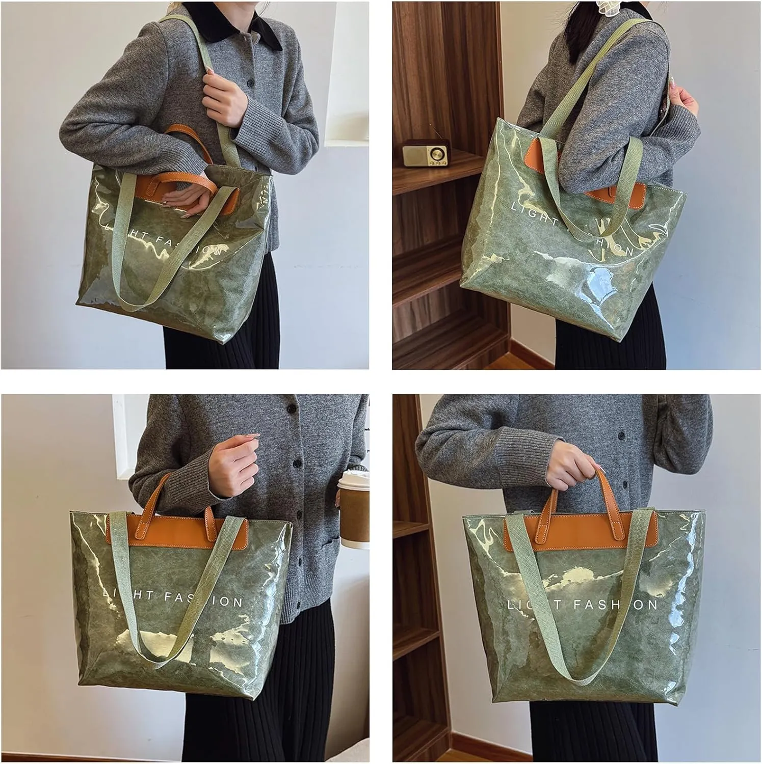 Plastic Tote Bag for Women, PVC Clear Beach Tote Bag with PU Handle, Letters Print Large Kraft Paper Hobo Handbag