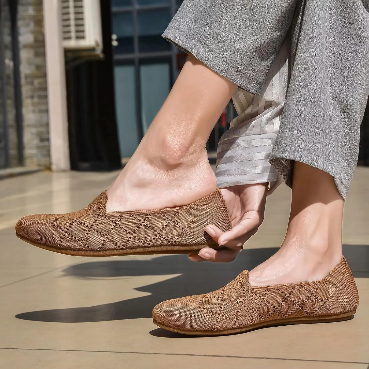 poemlady Women’s Ballet Flat Shoes Dress Shoes Knit Round Toe Slip On Ballerina Walking Flats Shoes for Woman Low Wedge Casual