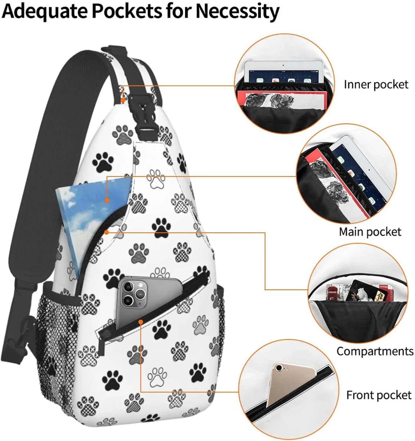 Polka Dot Dog Paw Cat Footprint Cross Chest Bag Diagonally Hiking Crossbody Bag Travel Shoulder Daypack Lightweight Sling Backpack Cycling Daypacks Fitness Chest Backpacks