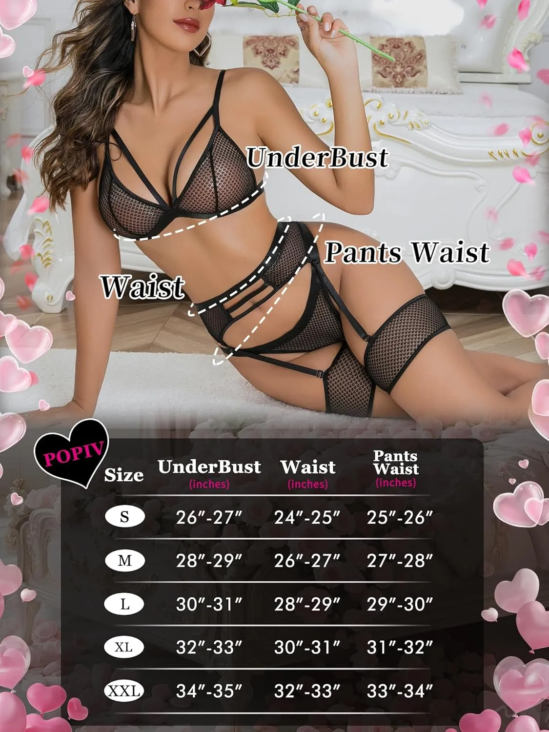 popiv Women's Sexy Lingerie Set with Garter Belt Matching Bra and Panty Lingeries Sets 4 Piece