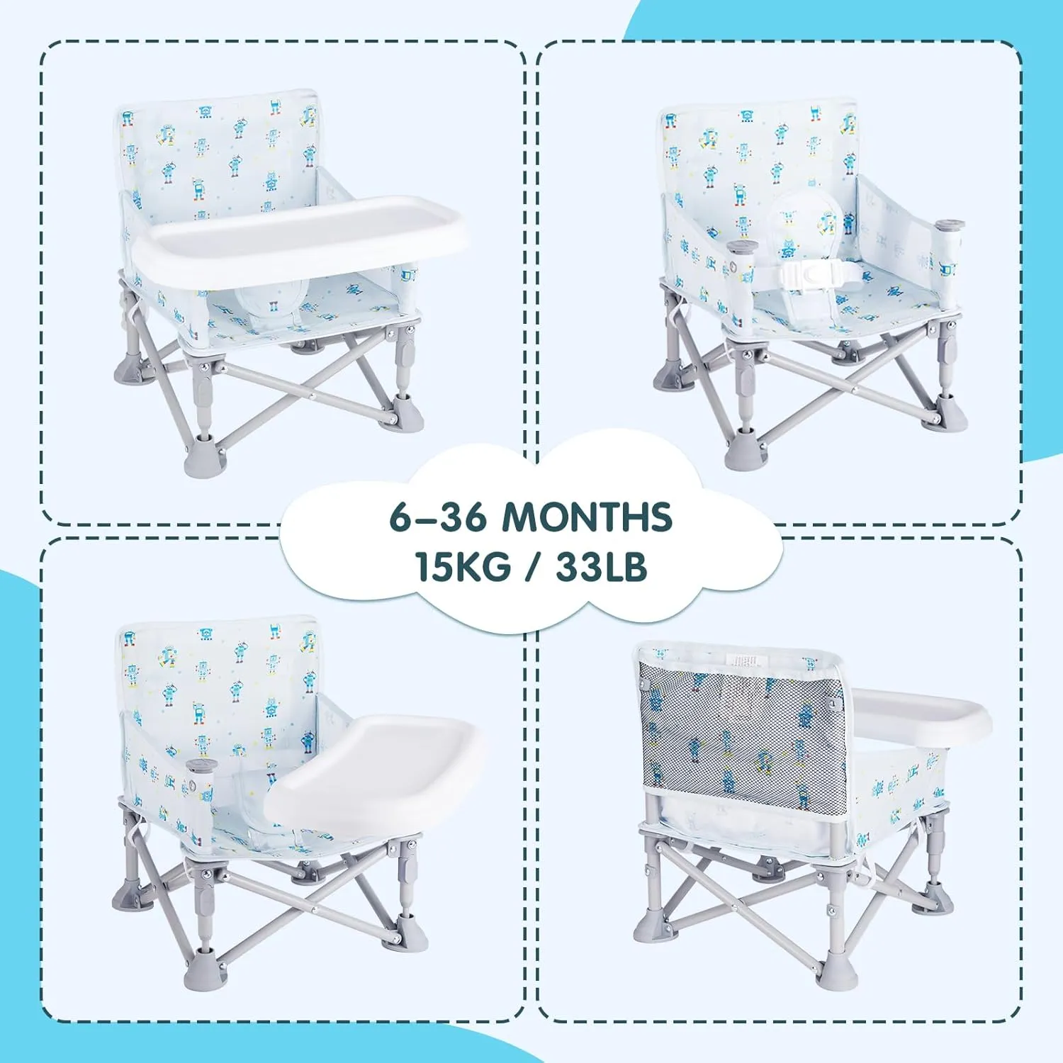 Portable Booster Seat, Toddler Baby Seat with Tray for Dining Table Compact Floor Chair for Camping Lawn Beach Babies Travel 6-36 Months