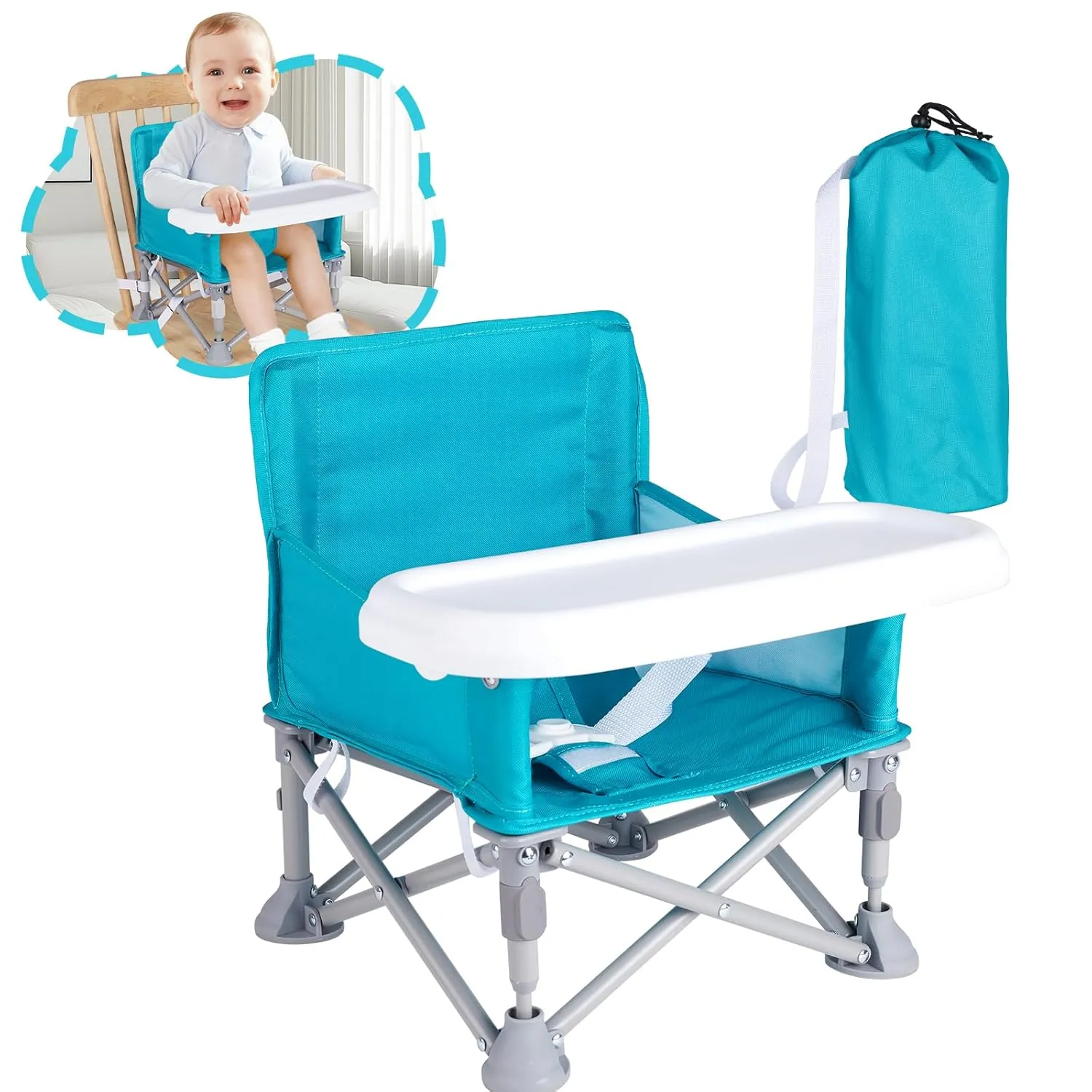 Portable Booster Seat, Toddler Baby Seat with Tray for Dining Table Compact Floor Chair for Camping Lawn Beach Babies Travel 6-36 Months