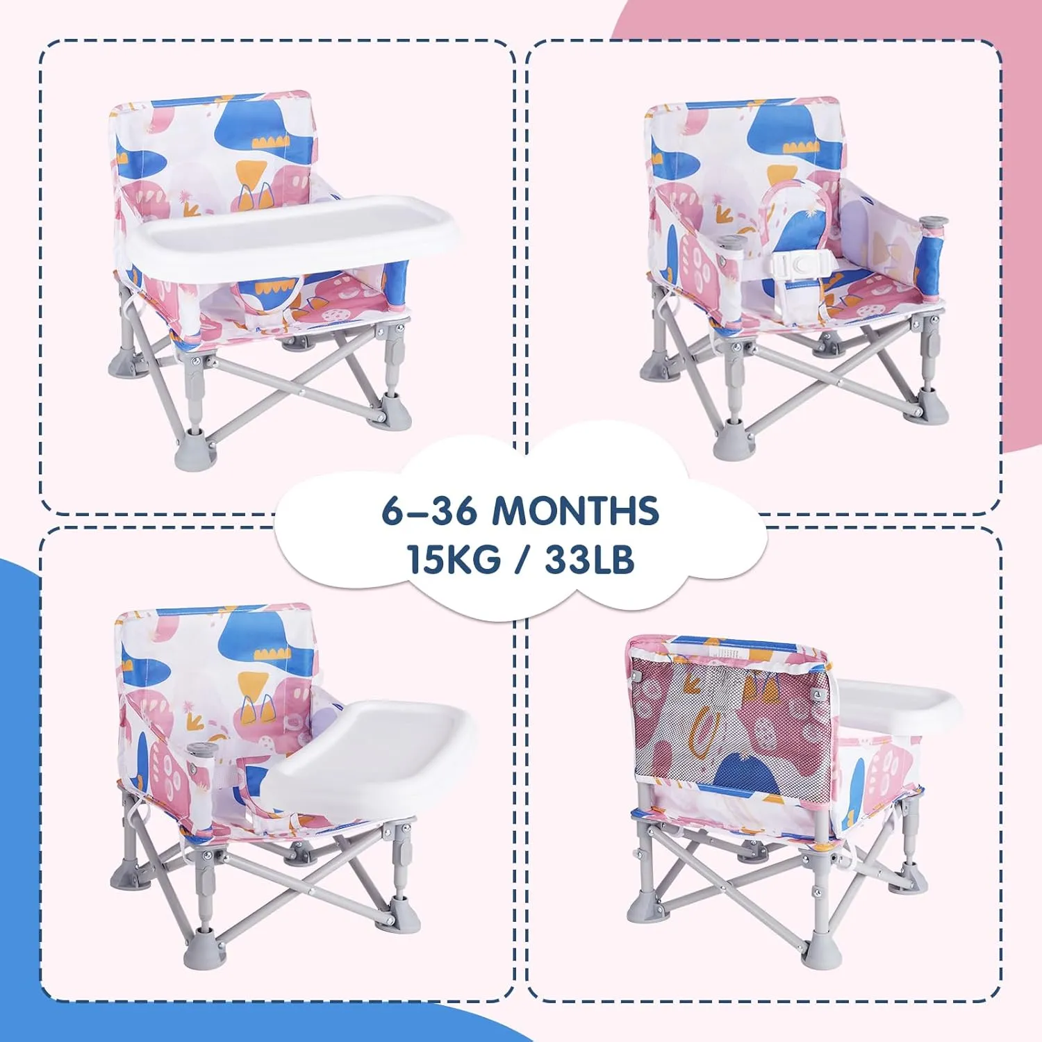 Portable Booster Seat, Toddler Baby Seat with Tray for Dining Table Compact Floor Chair for Camping Lawn Beach Babies Travel 6-36 Months