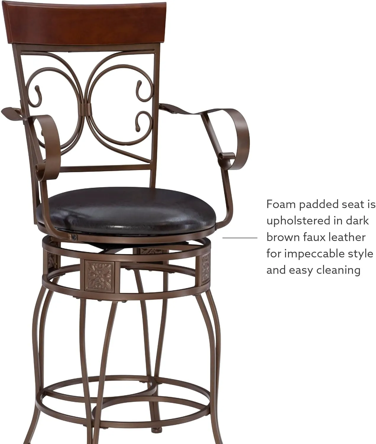 Powell Dayne Big and Tall 24" Counterstool with Arms in Dark Bronze Metal with Dark Brown Faux Leather Padded Seat with 360 Swivel