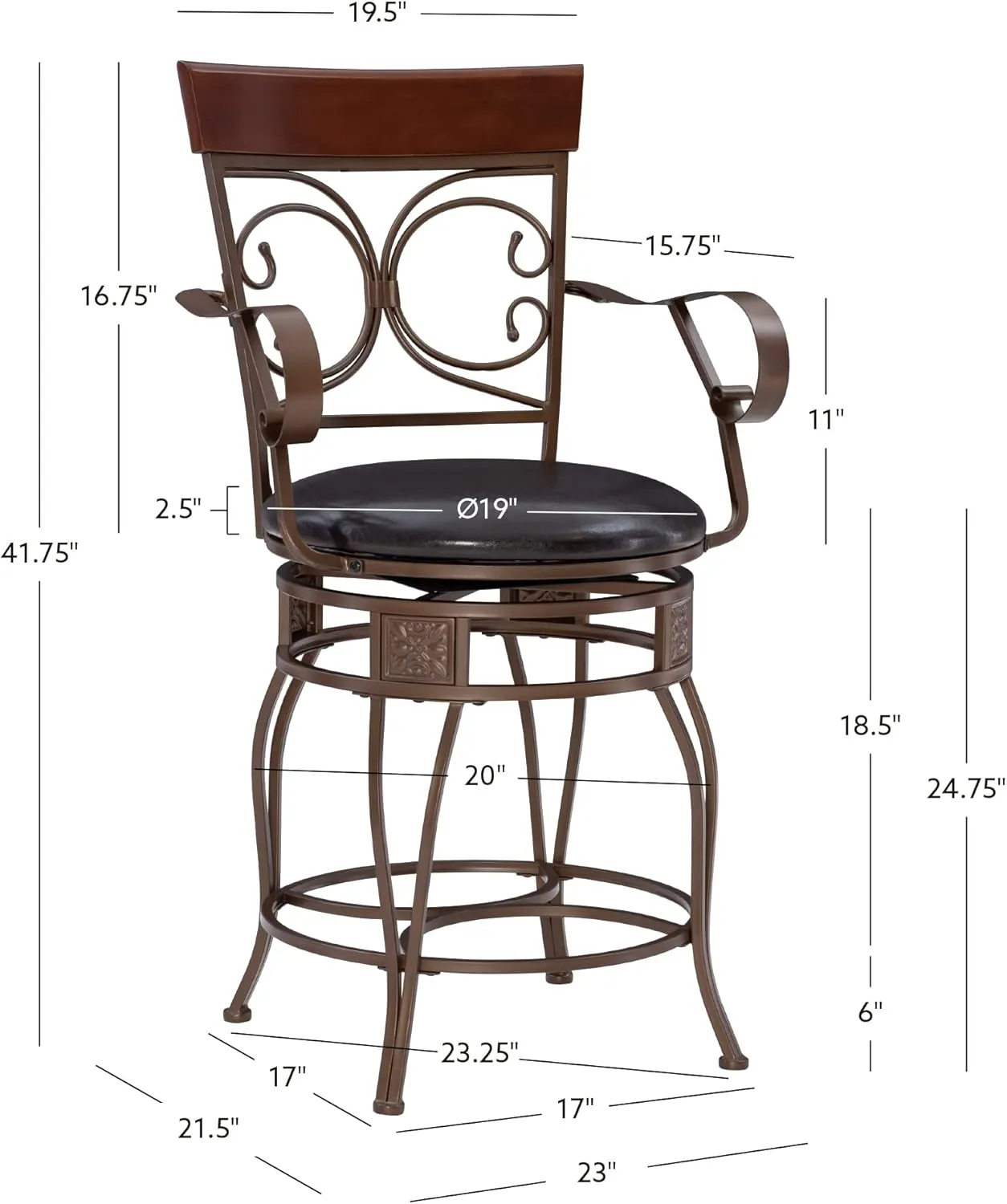 Powell Dayne Big and Tall 24" Counterstool with Arms in Dark Bronze Metal with Dark Brown Faux Leather Padded Seat with 360 Swivel