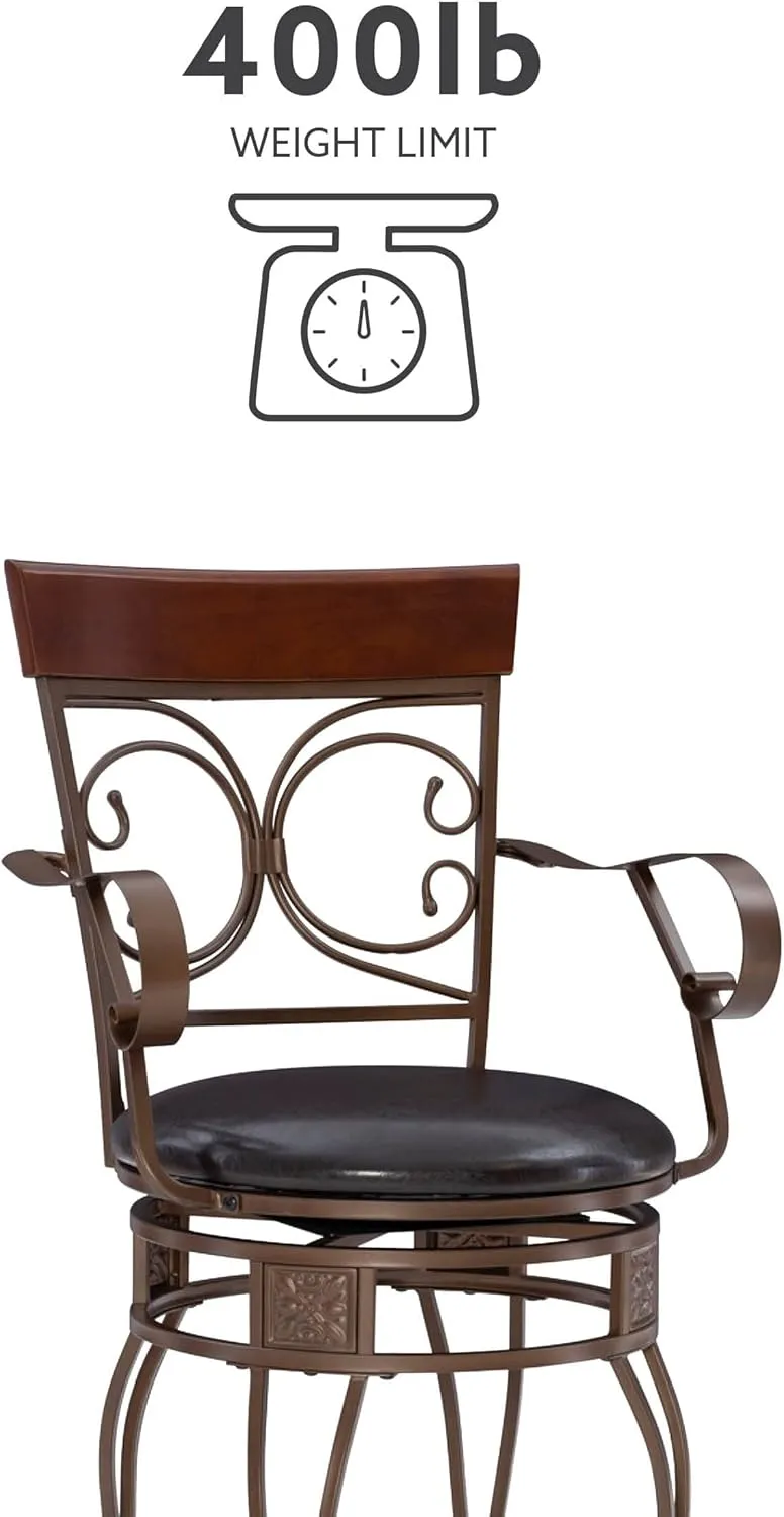 Powell Dayne Big and Tall 24" Counterstool with Arms in Dark Bronze Metal with Dark Brown Faux Leather Padded Seat with 360 Swivel