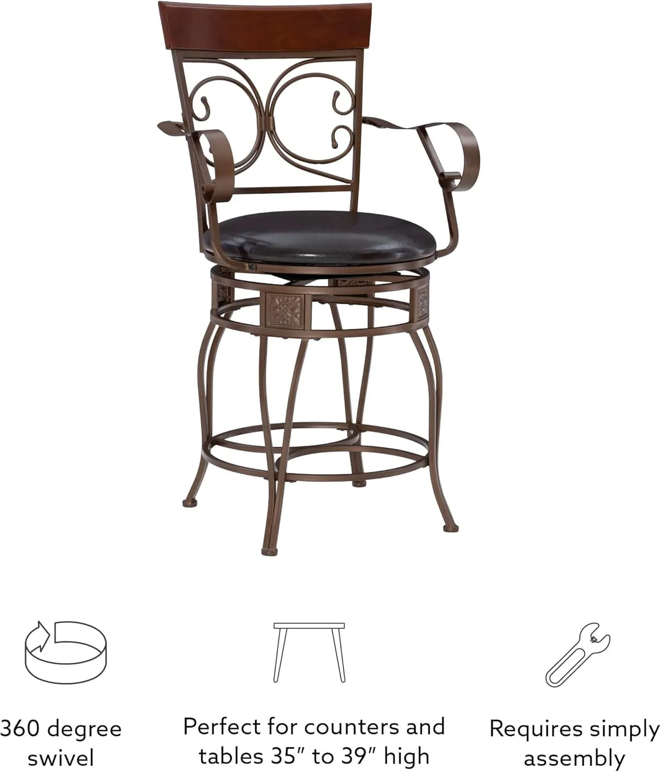 Powell Dayne Big and Tall 24" Counterstool with Arms in Dark Bronze Metal with Dark Brown Faux Leather Padded Seat with 360 Swivel