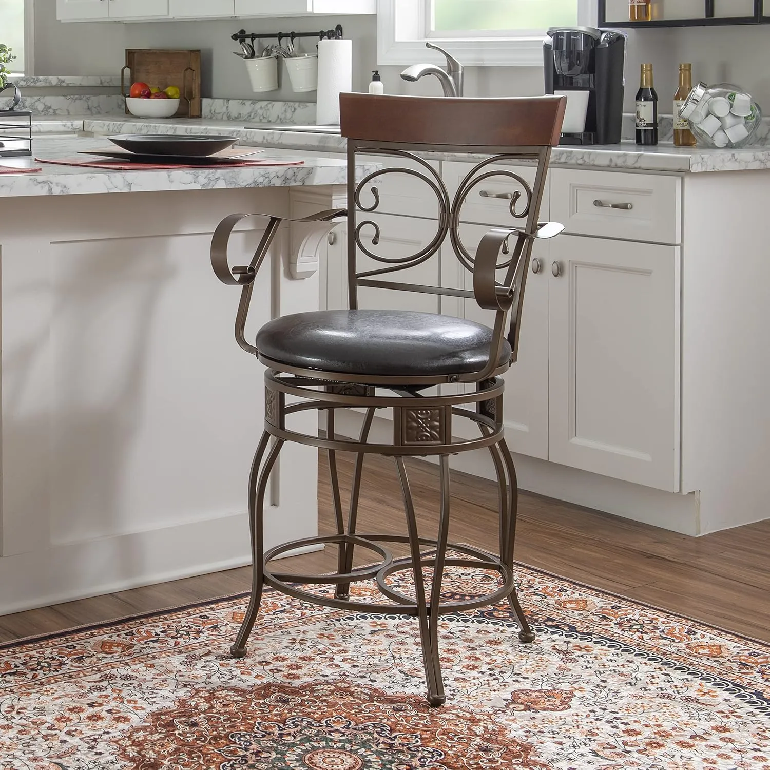 Powell Dayne Big and Tall 24" Counterstool with Arms in Dark Bronze Metal with Dark Brown Faux Leather Padded Seat with 360 Swivel