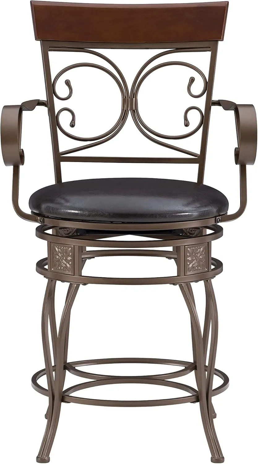 Powell Dayne Big and Tall 24" Counterstool with Arms in Dark Bronze Metal with Dark Brown Faux Leather Padded Seat with 360 Swivel