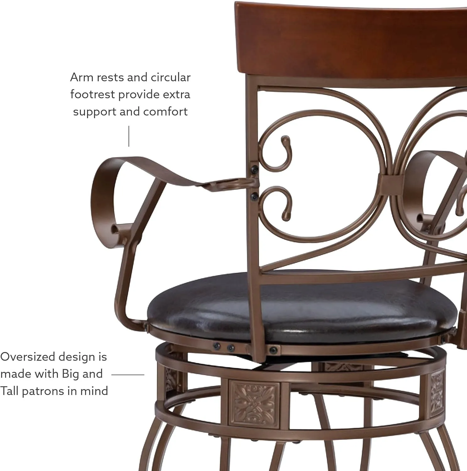 Powell Dayne Big and Tall 24" Counterstool with Arms in Dark Bronze Metal with Dark Brown Faux Leather Padded Seat with 360 Swivel