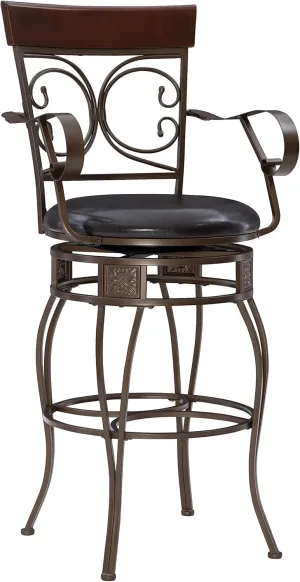 Powell Dayne Big and Tall 31" Barstool with Arms in Dark Bronze Metal with Dark Brown Faux Leather Padded Seat with 360 Swivel