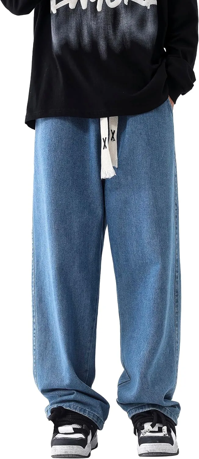 PRIJOUHE Mens Relaxed Fit Jeans Elastic Waist Baggy Denim Cargo Pants Drawstring Trousers
