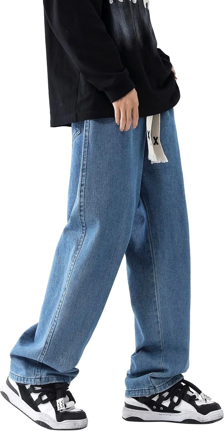 PRIJOUHE Mens Relaxed Fit Jeans Elastic Waist Baggy Denim Cargo Pants Drawstring Trousers