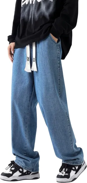 PRIJOUHE Mens Relaxed Fit Jeans Elastic Waist Baggy Denim Cargo Pants Drawstring Trousers