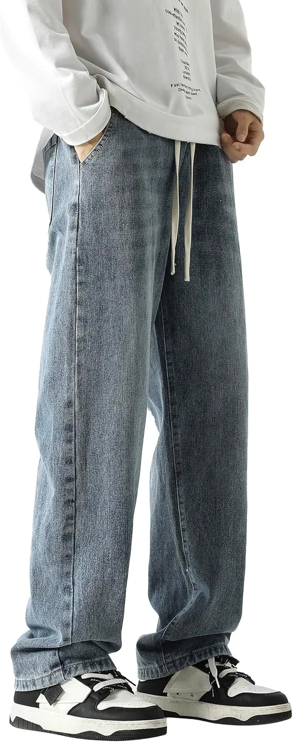 PRIJOUHE Mens Wide Leg Jeans Elastic Waist Baggy Jeans Casual Drawstring Denim Pants Trousers