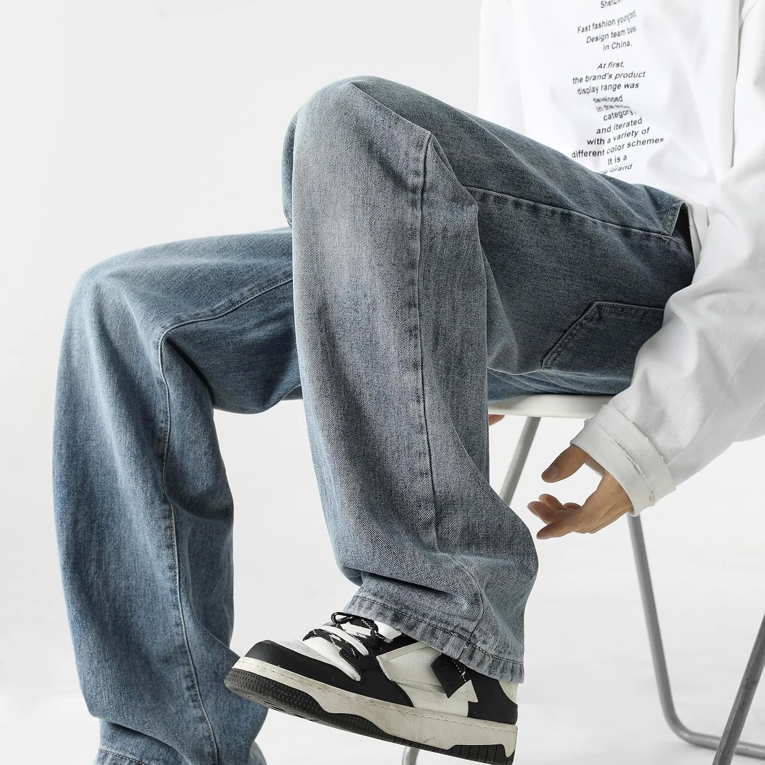 PRIJOUHE Mens Wide Leg Jeans Elastic Waist Baggy Jeans Casual Drawstring Denim Pants Trousers