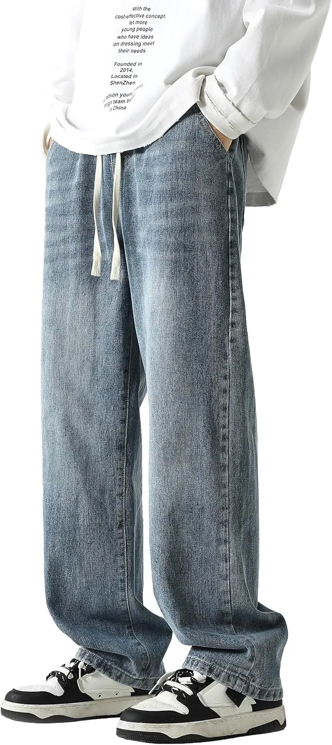PRIJOUHE Mens Wide Leg Jeans Elastic Waist Baggy Jeans Casual Drawstring Denim Pants Trousers