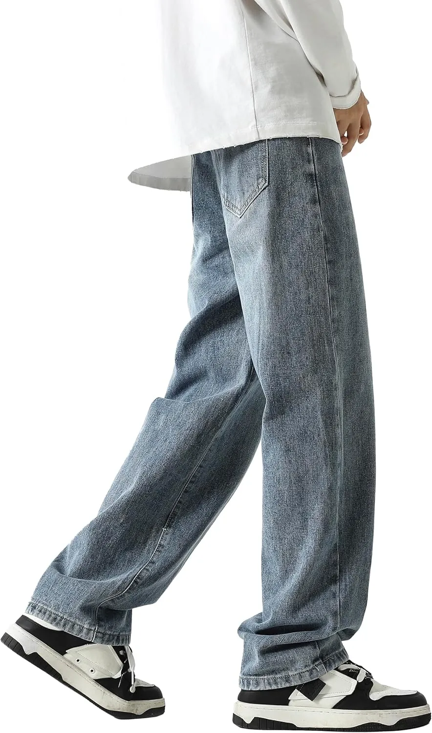 PRIJOUHE Mens Wide Leg Jeans Elastic Waist Baggy Jeans Casual Drawstring Denim Pants Trousers
