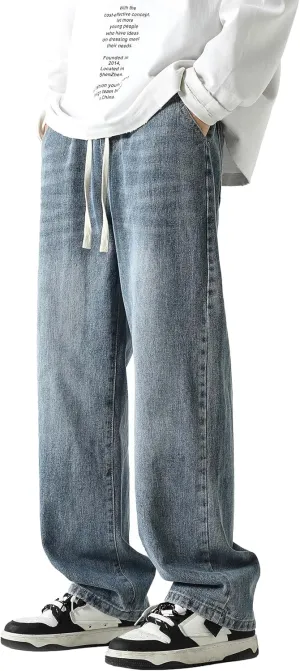 PRIJOUHE Mens Wide Leg Jeans Elastic Waist Baggy Jeans Casual Drawstring Denim Pants Trousers