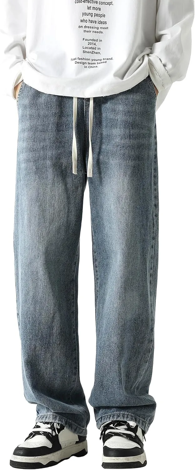 PRIJOUHE Mens Wide Leg Jeans Elastic Waist Baggy Jeans Casual Drawstring Denim Pants Trousers