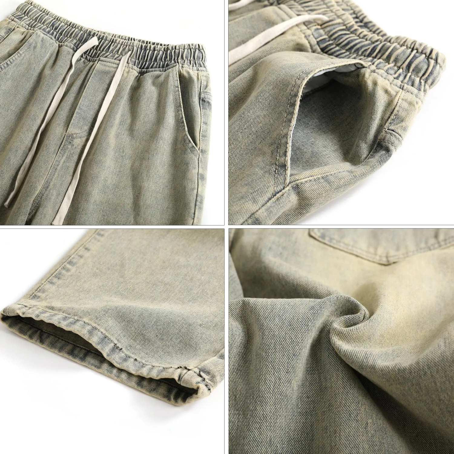 PRIJOUHE Mens Wide Leg Jeans Elastic Waist Baggy Jeans Casual Drawstring Denim Pants Trousers