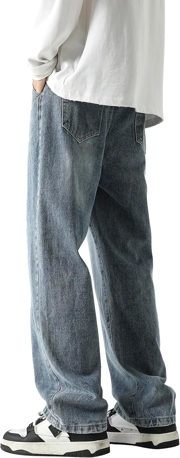 PRIJOUHE Mens Wide Leg Jeans Elastic Waist Baggy Jeans Casual Drawstring Denim Pants Trousers