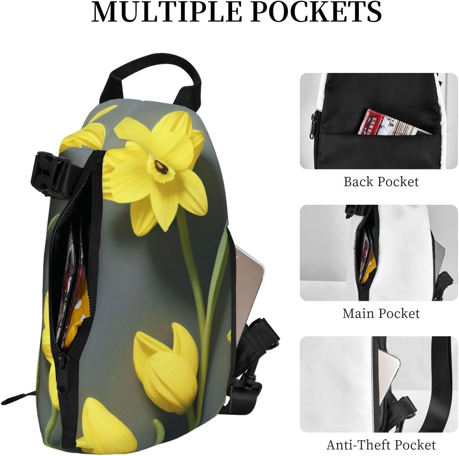 Print Flowers Sling Bags Crossbody Sling Backpack Travel Hiking Daypack Chest Bag For Man And Women
