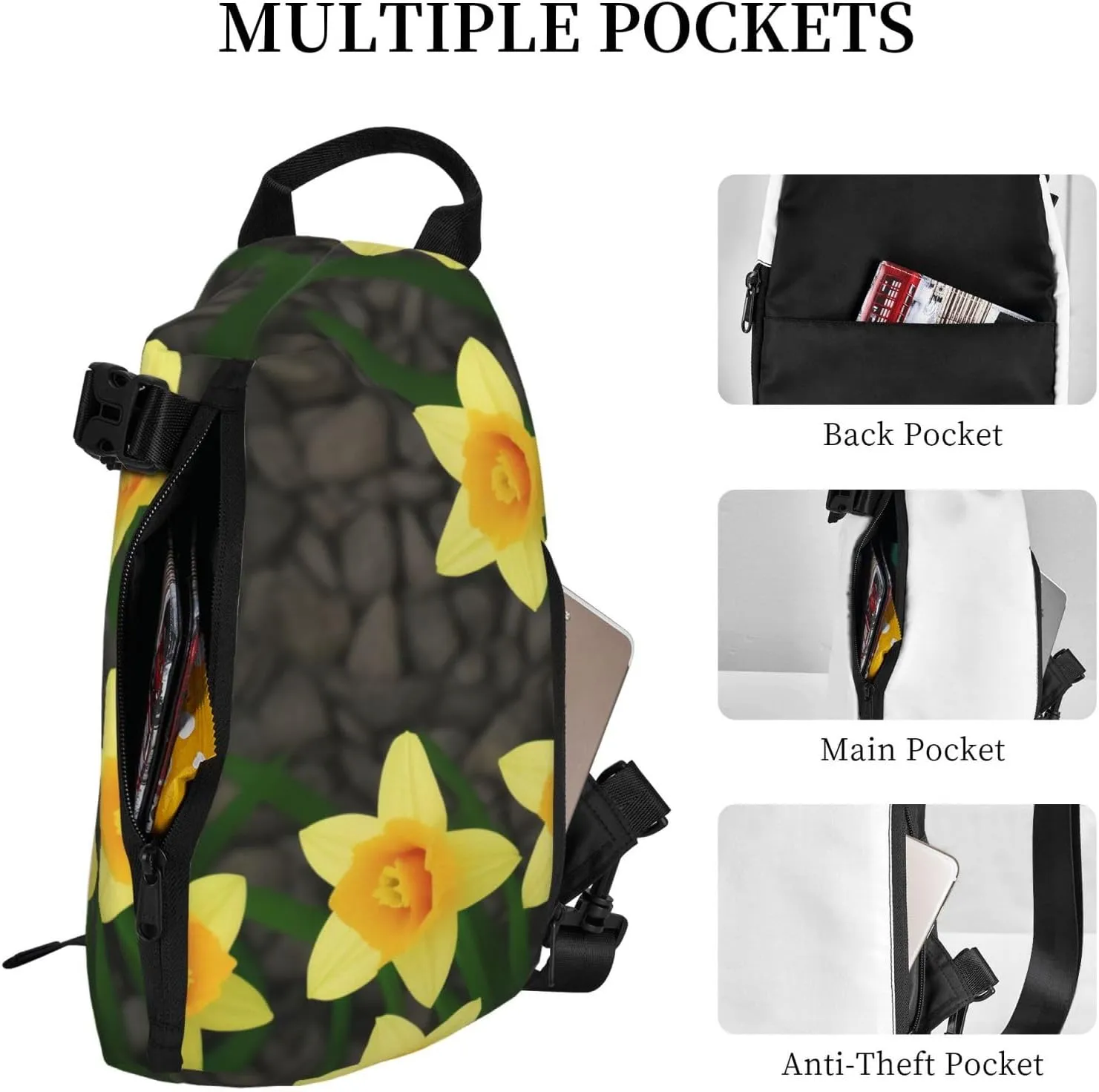Print Flowers Sling Bags Crossbody Sling Backpack Travel Hiking Daypack Chest Bag For Man And Women