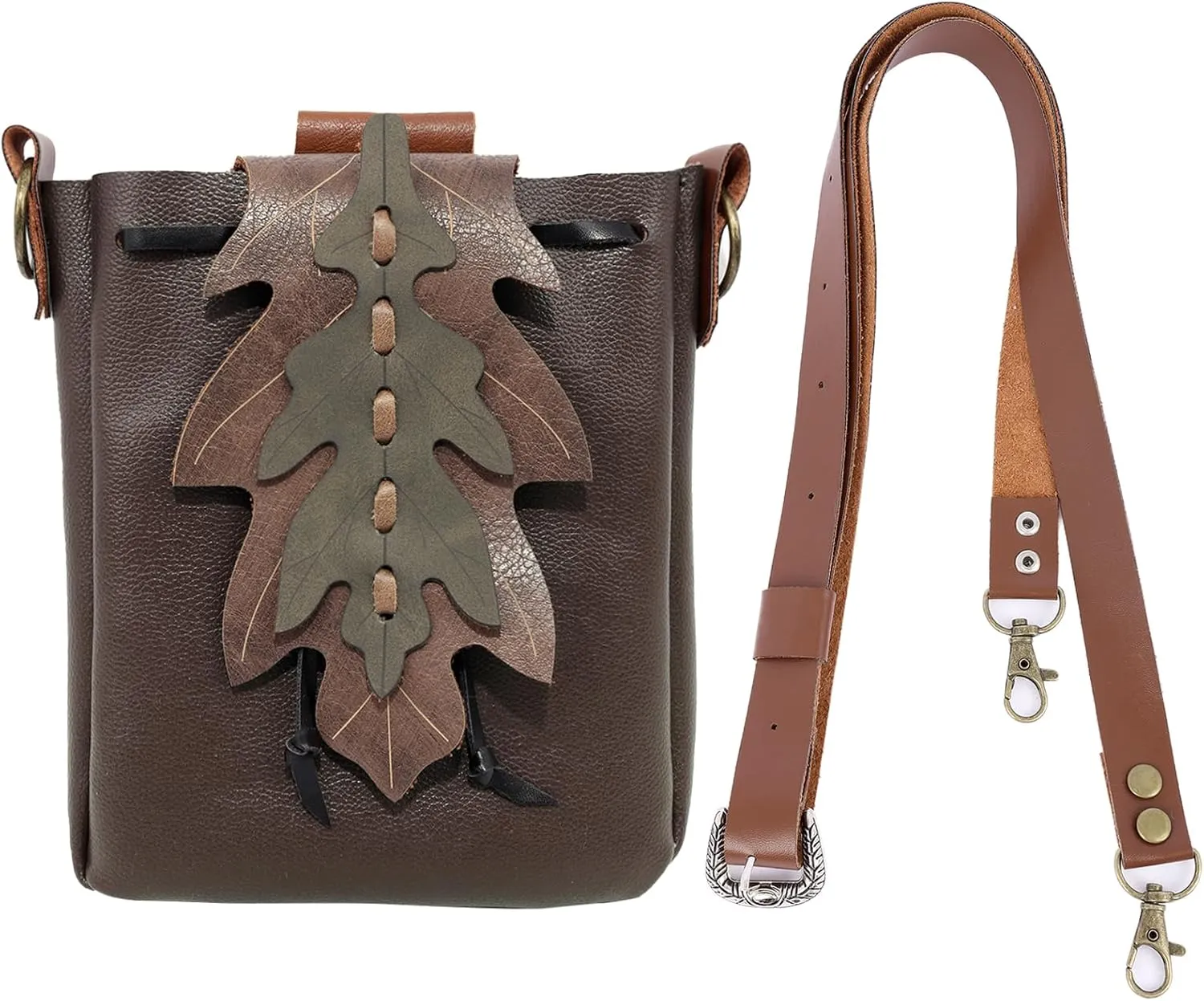 PROCOS Medieval Drawstring Faux Leather Shoulder Bag & Belt Pouch Renaissance Vintage Waist Pack Halloween Fairy ELF Cosplay (Coffee)