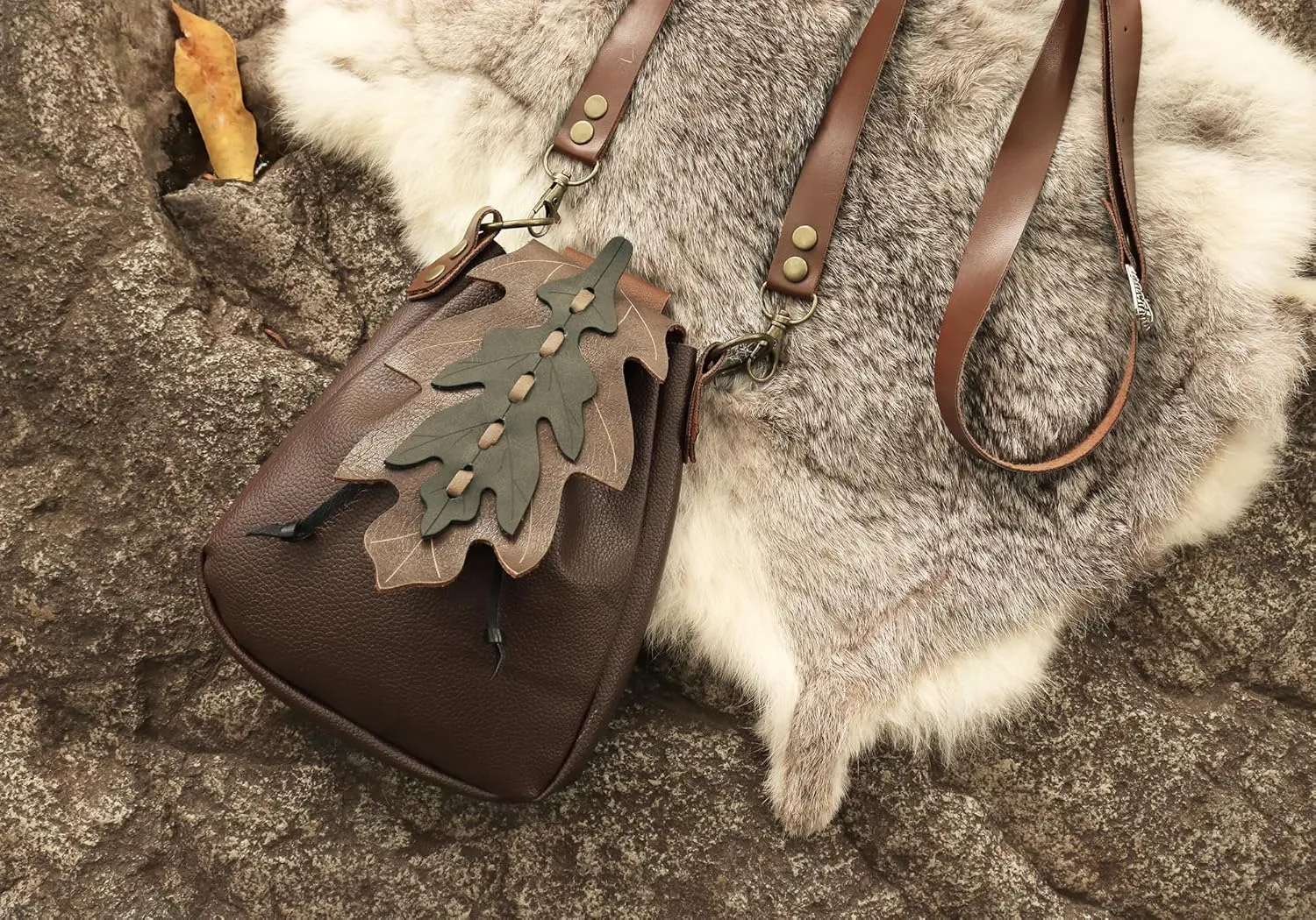 PROCOS Medieval Drawstring Faux Leather Shoulder Bag & Belt Pouch Renaissance Vintage Waist Pack Halloween Fairy ELF Cosplay (Coffee)