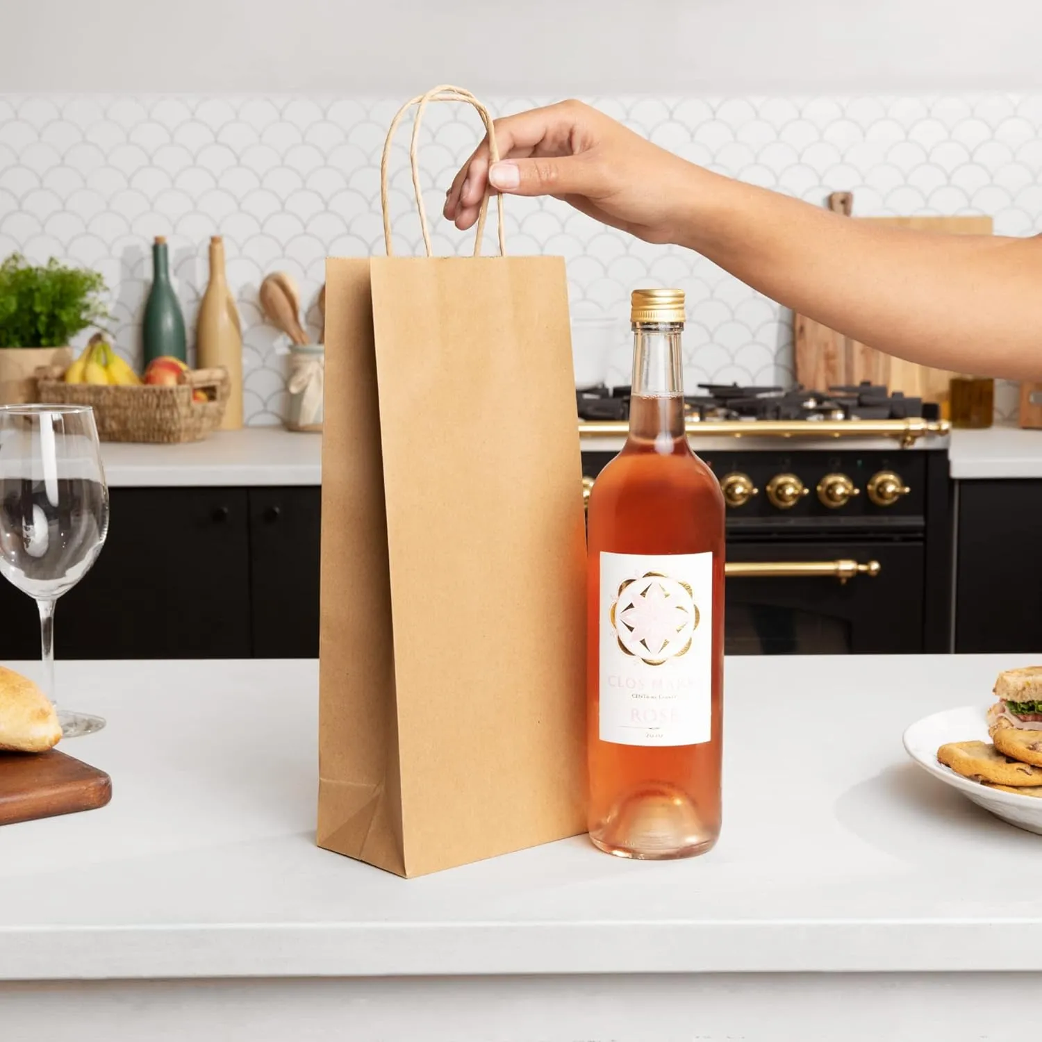PTP BAGS White 5.75" x 3.25" x 13" Tote Bags [Pack of 250] Recyclable Kraft Paper Wine Gift, Bags